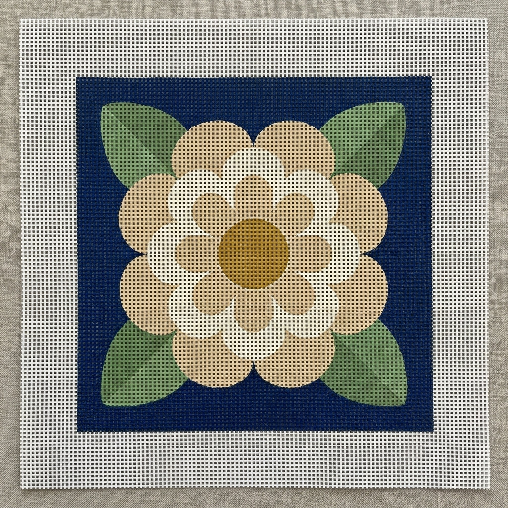 Estate Camellia — Navy Needlepoint Kit (8" × 8") — printed 13-mesh canvas