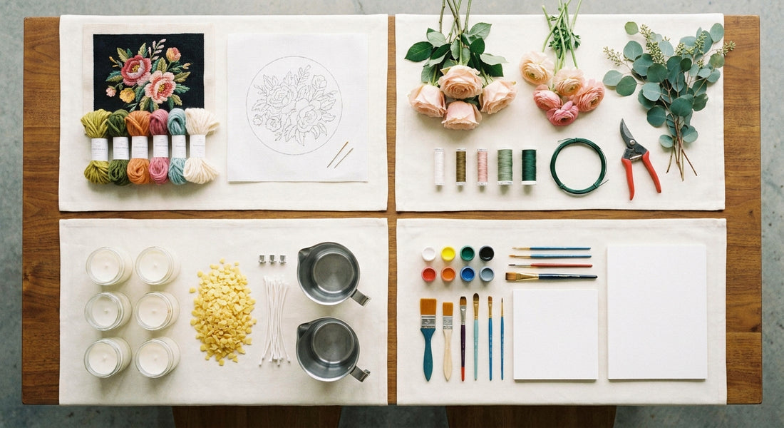 Wedding weekend group craft table with needlepoint, flower crowns, candles, and paint
