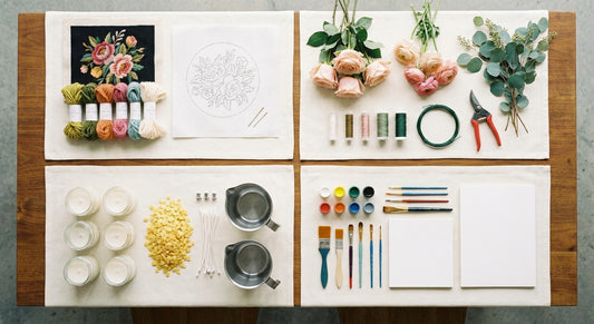 Wedding weekend group craft table with needlepoint, flower crowns, candles, and paint