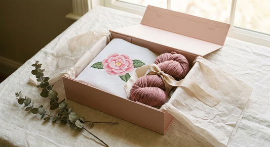 Bridesmaid gift box with a needlepoint kit inside blush tissue