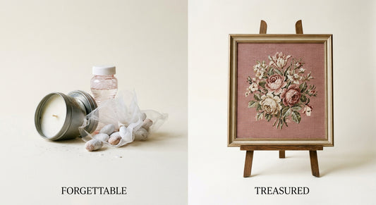Generic wedding favors beside a framed keepsake needlepoint piece
