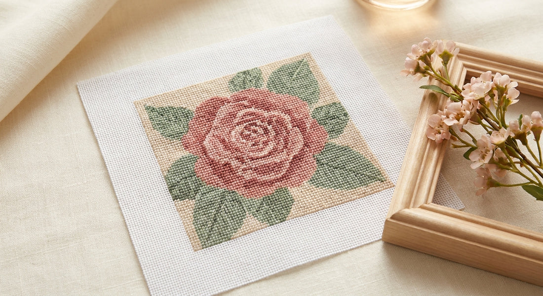 Finished flat tent-stitch needlepoint camellia canvas beside a wooden frame, ready to display