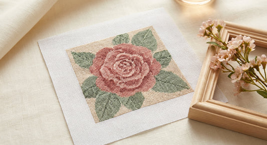 Finished flat tent-stitch needlepoint camellia canvas beside a wooden frame, ready to display