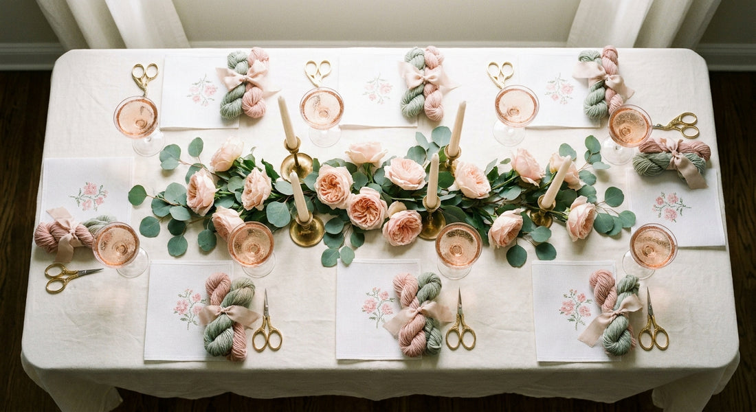 Bridal shower table set with needlepoint kits at each place setting