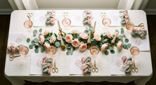Bridal shower table set with needlepoint kits at each place setting