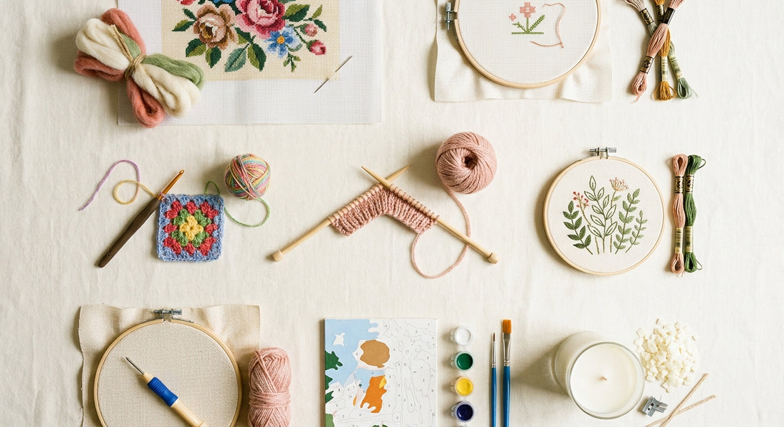 Flat-lay of beginner crafts: needlepoint, cross stitch, crochet, knitting, embroidery