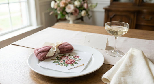 Single bridal shower place setting with a needlepoint kit on the plate