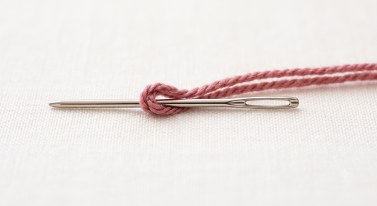Dusty rose tapestry wool folded over a blunt tapestry needle — the fold method for threading