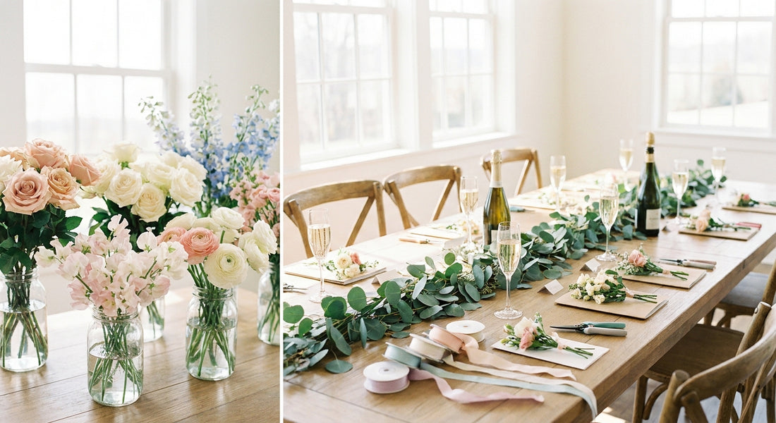 Bridal shower activity table with flower bar and craft kits