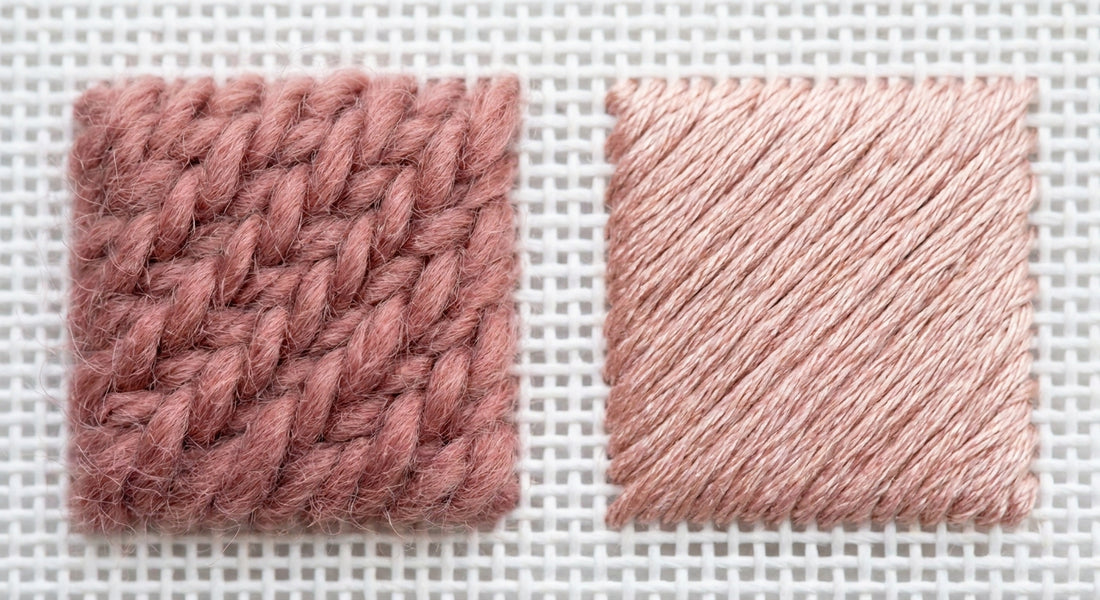 Wool and cotton needlepoint stitches side by side showing texture difference