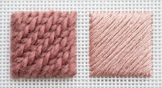 Wool and cotton needlepoint stitches side by side showing texture difference