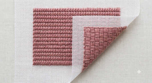 Needlepoint canvas folded to show tent stitches on the front and the woven basketweave back