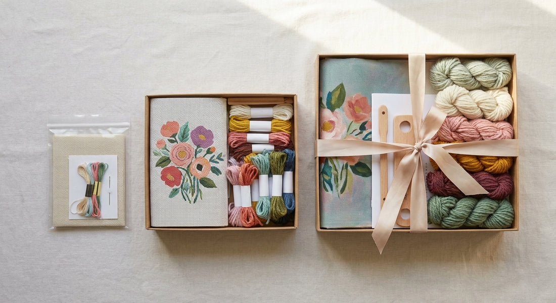Three needlepoint kits from basic to premium arranged by tier