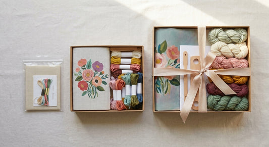 Three needlepoint kits from basic to premium arranged by tier