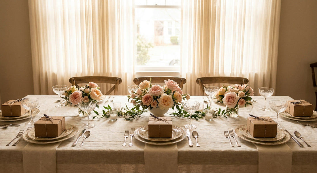 Elegant home dining room set for a bridal shower with craft kits