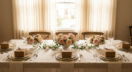 Elegant home dining room set for a bridal shower with craft kits
