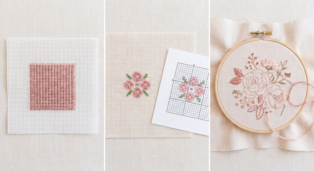 Needlepoint, cross stitch, and embroidery side by side comparison