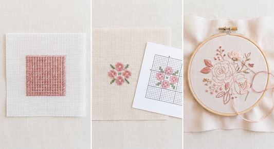 Needlepoint, cross stitch, and embroidery side by side comparison