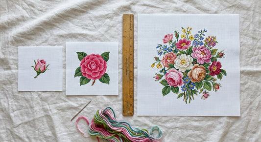 Three needlepoint canvas sizes compared from 4 inch to 12 inch