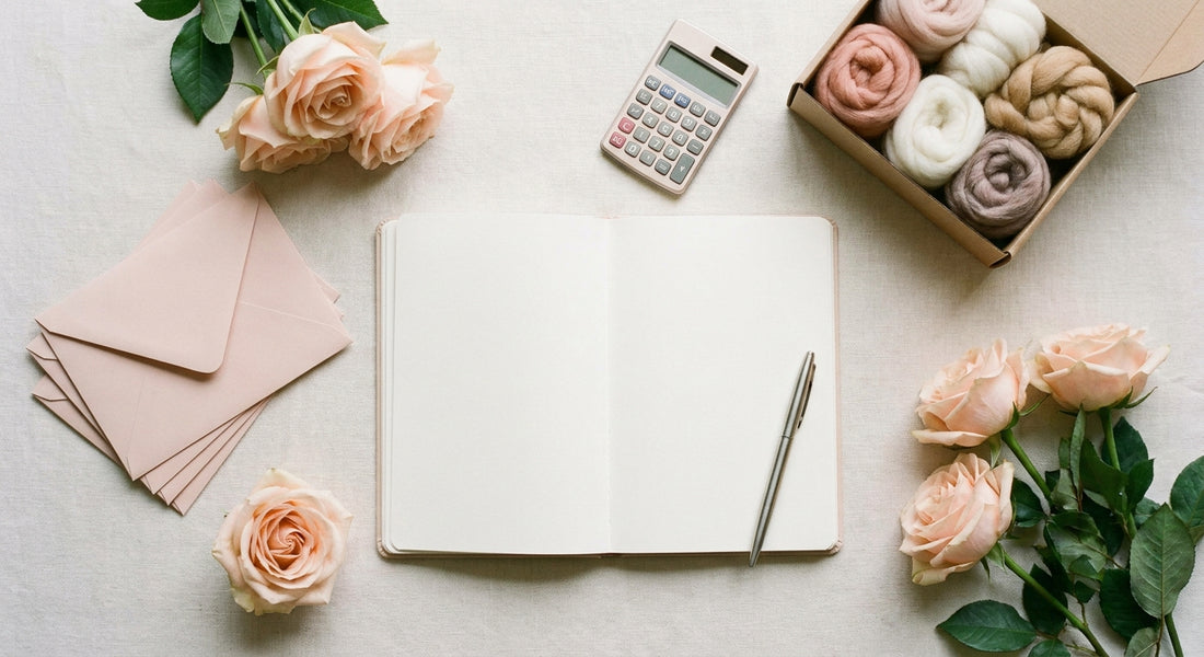 Bridal shower budget planning flat-lay with notebook and craft kit