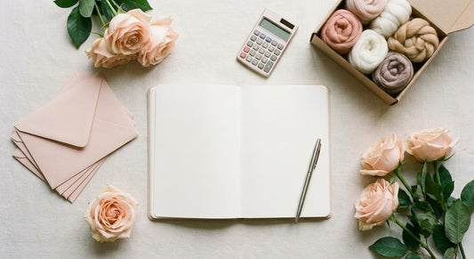 Bridal shower budget planning flat-lay with notebook and craft kit