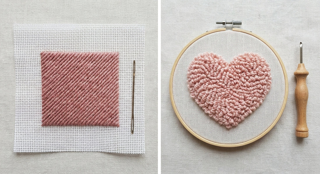 Flat needlepoint stitches beside plush punch needle loops comparison