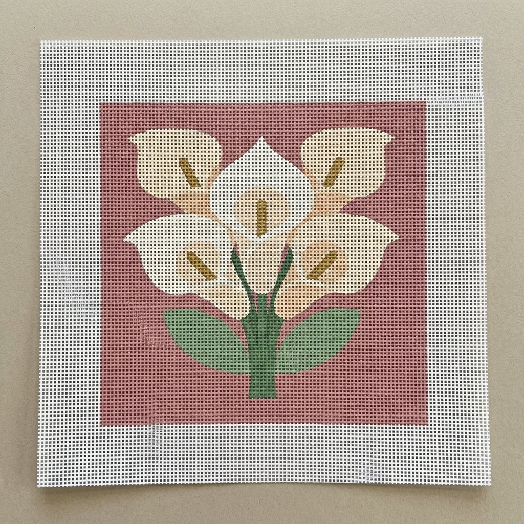 Estate Calla Lily — Dusty Rose Needlepoint Kit (8" × 8") — printed 13-mesh canvas