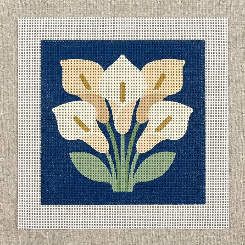 Estate Calla Lily — Navy Needlepoint Kit (8" × 8") — printed 13-mesh canvas
